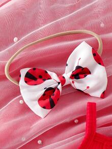 Conjunto de 2 piezas para bebé niña: Vestido de verano con volantes en el bajo y lazo decorativo, body a contraste con cierre de lazo y scrunchie de pelo con estampado de mariquita - Rojo y blanco - Ver 5