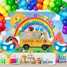 1pc Happy Birthday Party Backdrop Banner With Cartoon Watermelon, Rainbow, Farm Animals, School Bus Background, Suitable For Birthday Party, Cake Table, Photo Booth, Theme Party Decor, Gift