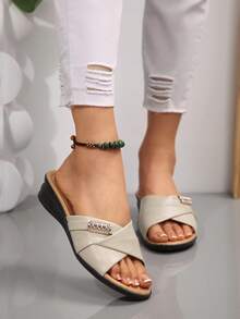 Women's Wedge Sandals, Casual Vacation Thick Sole Shoes, Shiny Rhinestone Decor, Comfortable Sandals - Beige - View 7