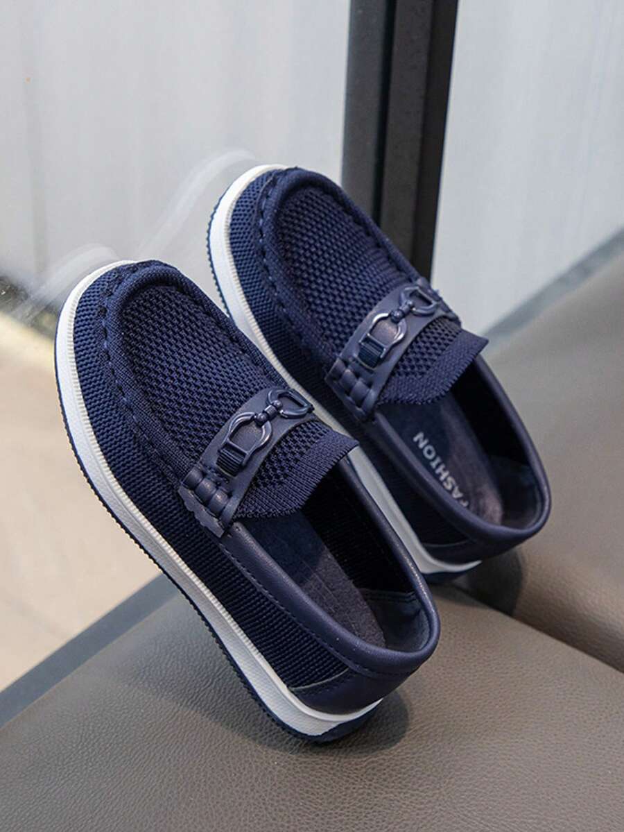 儿童乐福鞋，男女款休闲一脚蹬透气针织平底鞋，2025 年新款 - 藍色 - 查看 1