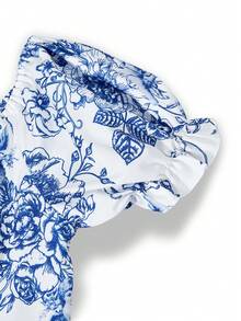 女童碎花泡泡袖连衣裙，方领设计，优雅时尚，适合夏季户外活动和派对。 - 藍色 - 查看 5