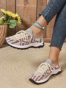 2025 Spring/Summer New High Vamp Knitted Casual Shoes For Women, Multi-Color Breathable Knitted Fabric, Lace-Up Design, Lightweight Soft Sole Running Shoes