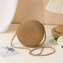 1 chiếc 2025 Túi đeo vai tròn dệt rơm dễ thương cỡ lớn mùa hè mới, Túi đeo chéo nhỏ đựng điện thoại di động, Túi đi biển, Túi đựng điện thoại thời trang, Ví đựng tiền xu, Túi đan rơm màu trơn INS, Túi đựng điện thoại cho nữ, Túi tròn dệt rơm ngày lễ bãi biển thời trang mới [Đường kính 16cm, Có thể đựng điện thoại] - màu nâu - Xem 4