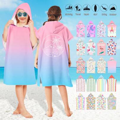 1pc Kids/Girls Hooded Cloak Towel, Quick Drying Microfiber Beach Wrap Robe, Mermaid/Ombre/Unicorn/Flamingo Design