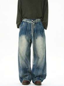 1 peça Calça Denim Casual Larga e Lavada com Design de Cinto Retrô Personalizado em Estilo Americano para Homens