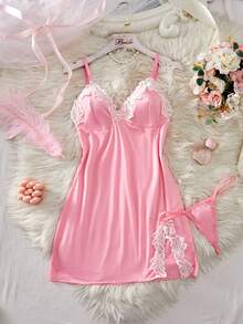 ROMWE Kawaii Contrast Lace Split Design Sexy Charm Women Nightgown With G-String, Lingerie Set, Rave For Going Out - Pink - View 1