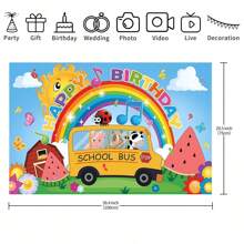 1pc Happy Birthday Party Backdrop Banner With Cartoon Watermelon, Rainbow, Farm Animals, School Bus Background, Suitable For Birthday Party, Cake Table, Photo Booth, Theme Party Decor, Gift