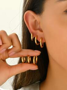 Set de 6 piezas Pendientes de aro elegantes de circonita, de acero inoxidable, adecuados para uso diario