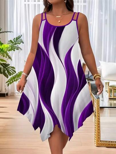 Plus Size Women Casual Striped Print Asymmetric Hem Sleeveless Dress