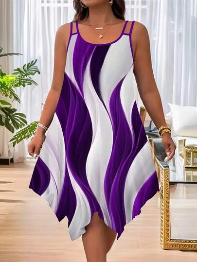 Plus Size Women Casual Striped Print Asymmetric Hem Sleeveless Dress Summer Vacation Elegant