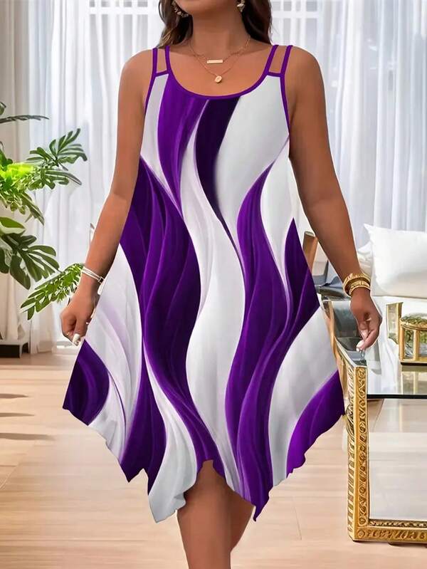 Plus Size Women Casual Striped Print Asymmetric Hem Sleeveless Dress