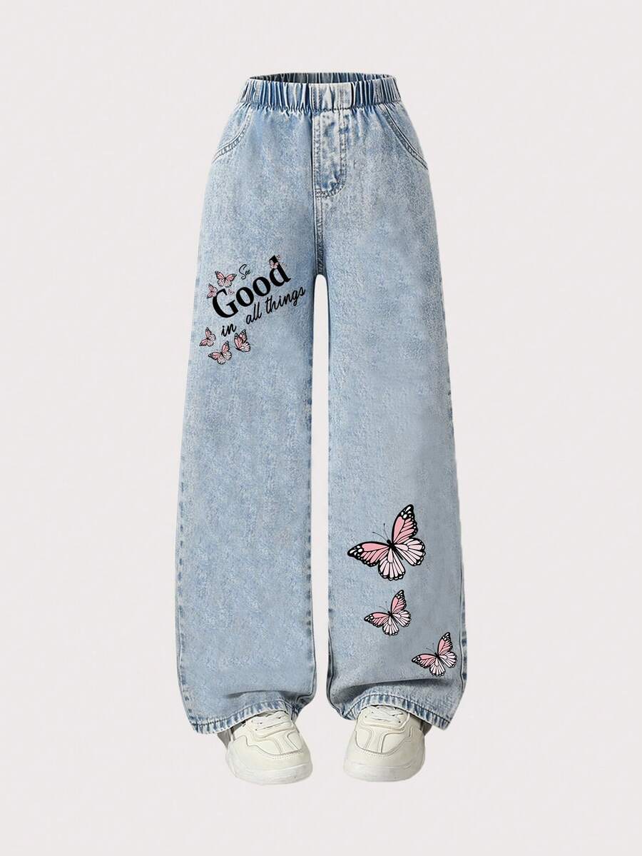 1pc Girl Y2K Style Casual Butterfly Print Straight-Leg Jeans, Summer Streetwear - Light Wash - View 1