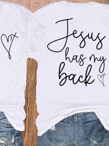 Summer Graphic T-Shirt With "Jesus Has My Back" Print, Christian Faith Lightweight Breathable Casual Simple T-Shirt, Suitable For Summer Vacation Lovers And Christian Women