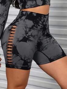 【抢先上市】春夏扎染侧镂空户外健身短裤，无缝高腰提臀运动修身短裤