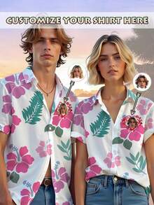 Custom Hawaiian Flowers And Grass Print Shirt For Man  Personalized Family Beach Shirt Hawaiian Shirt With Loving Heart Photo Family Shirts For Lovers And Couples - White - View 1