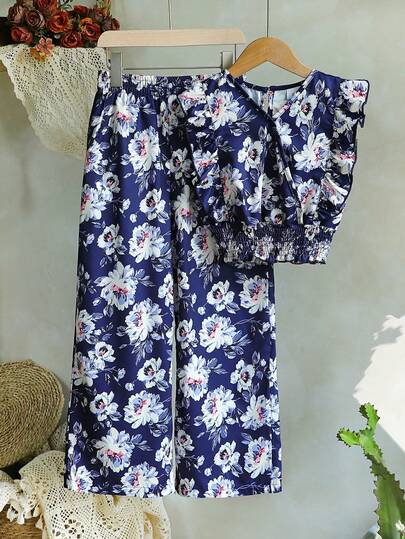 2 件套可爱女孩花卉印花荷叶边上衣和直筒裤套装，海军蓝和粉色，适合外出