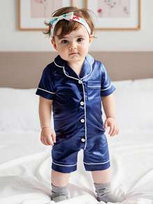 Infant Baby Girl Boy Silk Jumpsuit Pajamas Short Sleeve Button-Up Satin Pjs Footie Romper Pajama Nightgown - 藍色 - 查看 4