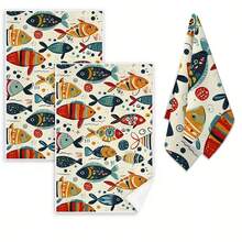 1pc/2pcs Contemporary Cartoon Fish Decorative Kitchen Towels, Soft & Absorbent Machine Washable Polyester Dishcloth, Perfect For Kitchen Decor, Cooking.Baking, Holiday Decor & Bathroomssentials, TableDecor, Kitchen Supplies, Home Decoration, New Home Bathroom Housewarming Gift, Kitchen Towels - Multicolor - View 2