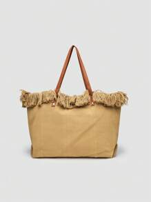 1 pieza Bolsa de lona con borlas de gran capacidad, de estilo casual y moda, bolso de hombro minimalista para ir al trabajo y de compras, adecuado para la calle, viajes y la playa