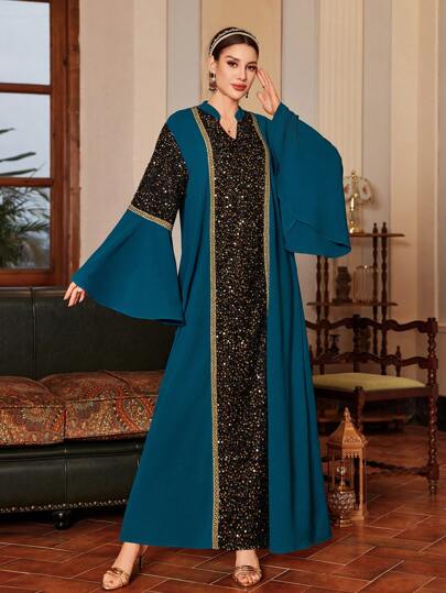 Sukienka damska Kexmon z dekoltem w serek, haftem cekinowym i elegancką arabską stylizacją