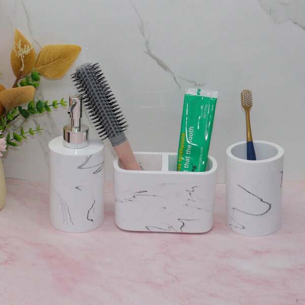 3-Piece Household Luxury Marble Striped Pattern Bathroom Accessory Set, Including 260ml Liquid Soap Dispenser, Toothbrush And Toothpaste Holder, Cup, Suitable For Bathroom Washing And Grooming Back To School
