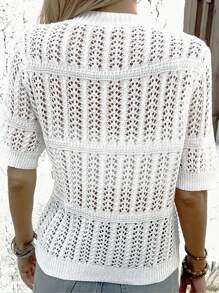 Solid Color Hollow Out Short Sleeve Front Button Up Cardigan, Casual Daily Wear Summer