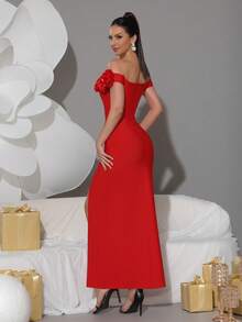 Modphy Nuevo vestido de tubo sólido y sexy con hombros descubiertos, confeccionado a mano con flores 3D, elegante para vacaciones, bodas, damas de honor, fiestas de cumpleaños, vestidos de noche formales, vestidos de fiesta, vestidos para invitados de boda - Rojo - Ver 8