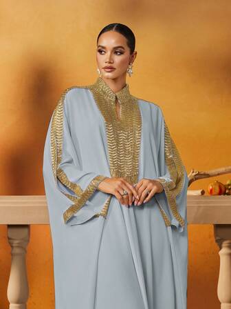 AmazingHoney Elegant Dusty Blue Abaya With Gold Beads Embellished Trim, Luxurious Long Modest Dress For Women, Arabic Dresses (Oversized Fit– Please Check Size Chart), Kaftan