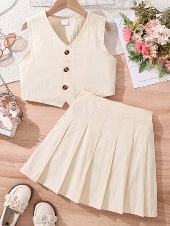 青少年女孩休闲简约上衣搭配百褶裙两件套，夏季