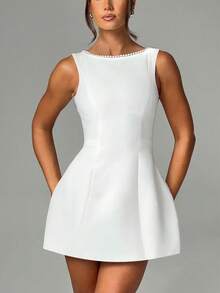 Elegant Pearl-Embellished Dress - Sleeveless A-Line With Backless Detail & Zipper, Sophisticated Party Gown For Weddings & Cocktail Events Mini Dress, Party Dress, Wedding Guest Dress - White - View 3