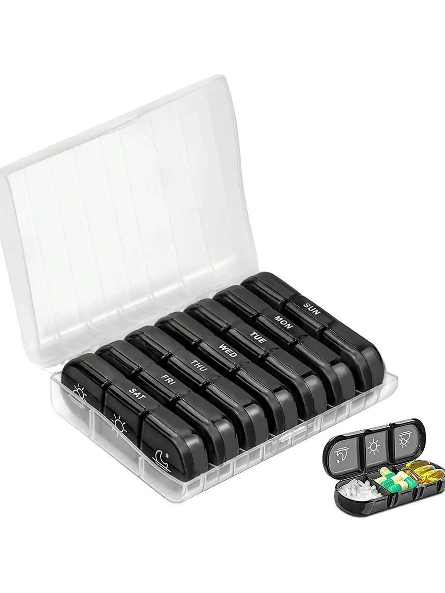 7 Days 21 Compartments Black Portable Plastic Pill Organizer Box - Multicolor - View 1