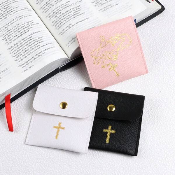 1 pieza Bolsa de joyería religiosa/de cruz con cierre a presión, bolsa de regalo de lujo para aretes, collares, pulseras y anillos para organización y almacenamiento, adecuada para bautizos, acción de gracias, fiestas en el hogar y de cocina, disponible en blanco, negro y rosa