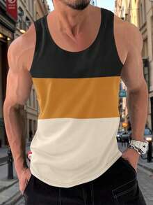 Herren Sommer Patchwork ärmelloses Trainings-Top, Fitness Gym Bodybuilding Laufen Training Outdoor Lässig Basic Tops Retro Amerikanisch, Sommer Outfits, geeignet für den täglichen Gebrauch, locker geschnitten, Sommer Urlaubsoutfits - Senfgelb - Übersicht 1