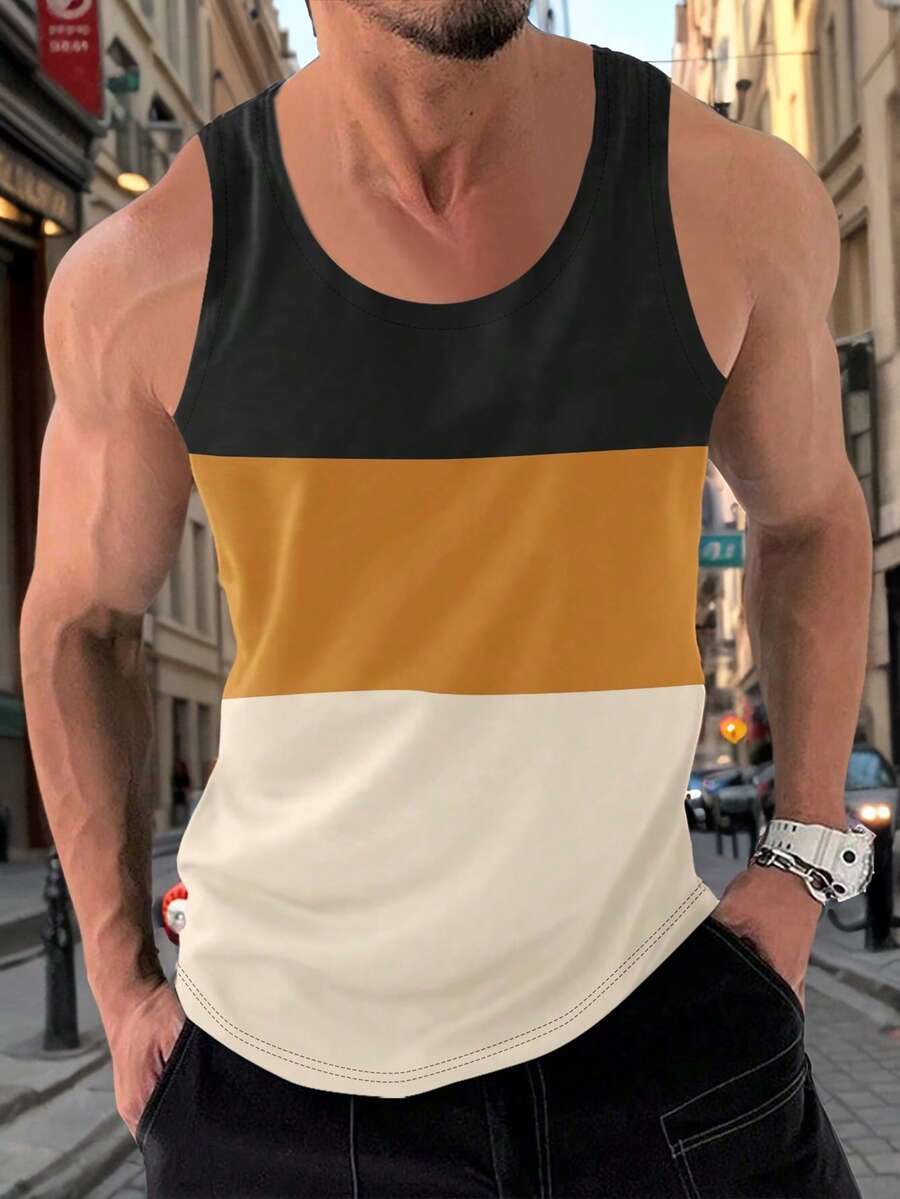 Herren Sommer Patchwork ärmelloses Trainings-Top, Fitness Gym Bodybuilding Laufen Training Outdoor Lässig Basic Tops Retro Amerikanisch, Sommer Outfits, geeignet für den täglichen Gebrauch, locker geschnitten, Sommer Urlaubsoutfits - Senfgelb - Übersicht 1