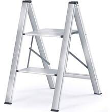2 Step Ladder With Wide Steps, Lightweight Folding Ladder, Portable Slim Step Stool, Safety Household Ladder Stepladder With Multi-Function, Silver - Silver - View 1