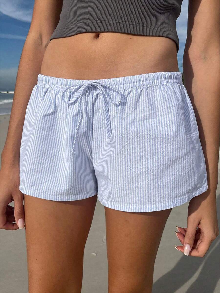 Women's Summer Stripe Print Tether Minimalist Everyday Shorts - Blue - View 1