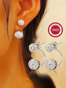 1 Pair S925 Sterling Silver Double Snowball Stud Earrings, Sparkling, Suitable For Party, Banquet, Wedding, Shining Double Snowball Earrings