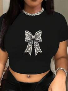 Detailed Lace Bow Women's Fashion Short T-Shirt