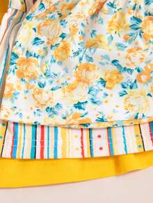 3pcs/Set Baby Girls' Floral Striped Print Sleeveless Top + Floral Striped Print Shorts Set - Yellow - View 9