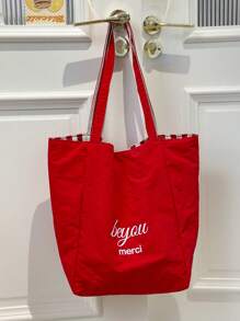 1 Bolso de hombro de diseño de doble cara con estilo de Doncella, bolso grande para niños, bolso de estudiante de gran capacidad, bolsa de tutoría, bolsa de almacenamiento, bolsa casual portátil, adecuada para compras, fiestas, vacaciones, eventos festivos, entretenimiento y otras ocasiones. Decoración con parche de letra y rayas de contraste de color, un regalo perfecto para chicas jóvenes, estudiantes adolescentes, etc.