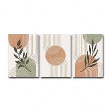 Boho Abstract Wall Art Prints Set Of 3, Sage Green And Rust Orange Wall Art, Beige Terracotta Black Neutral Pastel Mid Century Art, Modern Minimalist Geometric Lines Leaves Abstract Art Picture, No Frame - Multicolor - View 8