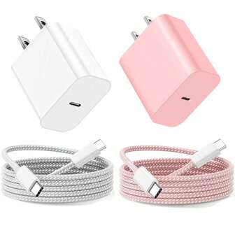Adaptador de alimentación USB-C portátil con 1 cable de carga rápida USB C a Tipo C trenzado en nailon de 1 m/2 m, cargador de pared Tipo C + cable de datos de carga rápida, cargador de viaje compatible con iPhone 17/16/15/Pro/Pro Max, compatible con Samsung Galaxy S25/S24/S23/S22/S21/S20/Ultra/Note 20/10