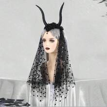 Women Halloween Headband, Gothic Goat Horns Dots Tulle Hair Hoop Hair Accessories Party Hairpiece - màu đen - Xem 6