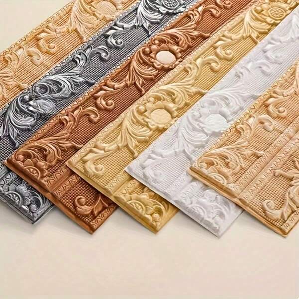 1 rollo de guarnición decorativa 3D autoadhesiva de estilo europeo vintage, moldura de corona adhesiva de espuma, borde de azulejos de piso resistente al agua, a la humedad y al deslizamiento, resistente al aceite y al desgaste, aplicable a dormitorio, baño, cocina, sala de estar, pared de fondo de TV