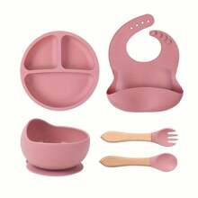 5 pièces/Set Vaisselle en silicone pour bébé, Set d'alimentation: 1 pièce bavoir en silicone, 1 pièce bol escargot en silicone, 1 pièce assiette en silicone, 1 pièce grande cuillère en bois, 1 pièce grande fourchette en bois