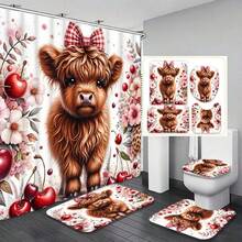 1/4pcs Flower & Cow Pattern Shower Curtain Set, Mother's Day Gift For Mothers, Home Spiritual Home Decor, Spring/Fall Decor, Holiday Decoration, Premium Bathroom Home Accessory, Waterproof, Machine Washable, 12 Hooks Included, Essential Bathroom Decor, Bathtub Divider And Easy To Clean Design For A Refreshing Bathroom Experience Bathroom Accessories Back To School - Multicolor - View 5