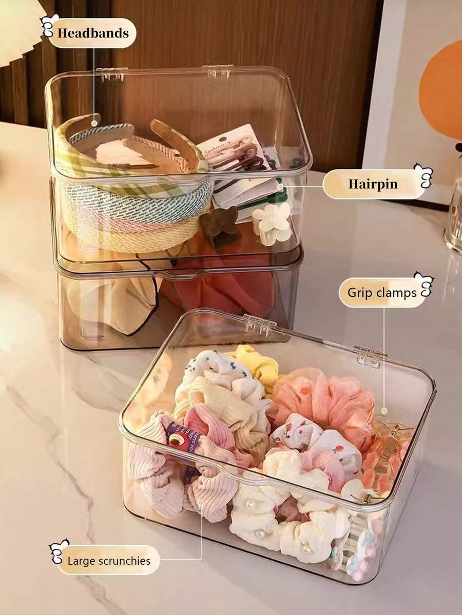 1pc/2pcs Jewelry Storage Box, Flip-Top Transparent Dust-Proof Box Suitable For Hair Clips, Headbands, Elastic Bands Desktop Organizer, Stackable Storage Box For Drawers, Vanity, Bathroom Girlfriend Gifts