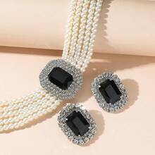 1 Set Women's Rhinestone Pearl Jewelry Necklace & Earrings Set - Green - View 10