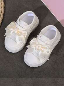1 Pair Girls Pearl Bow Hook And Loop Canvas Shoes, Princess Style, Non-Slip & Wear-Resistant, Suitable For Spring And Autumn Daily Wear