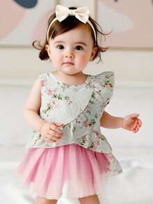 Toddler Baby Girl Summer Outfit Flower Pattern Ruffled Crew Neck Sleeveless Tops And Bow Mesh Skirt 2 Pcs Set - White - View 6